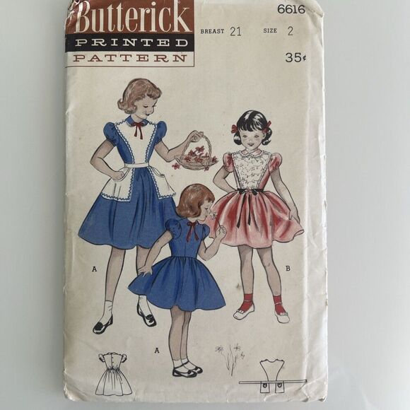 Vintage 1950 Butterick Girls’ Dress Plastron Elastic Waist Sewing Pattern #6616 - Picture 1 of 3